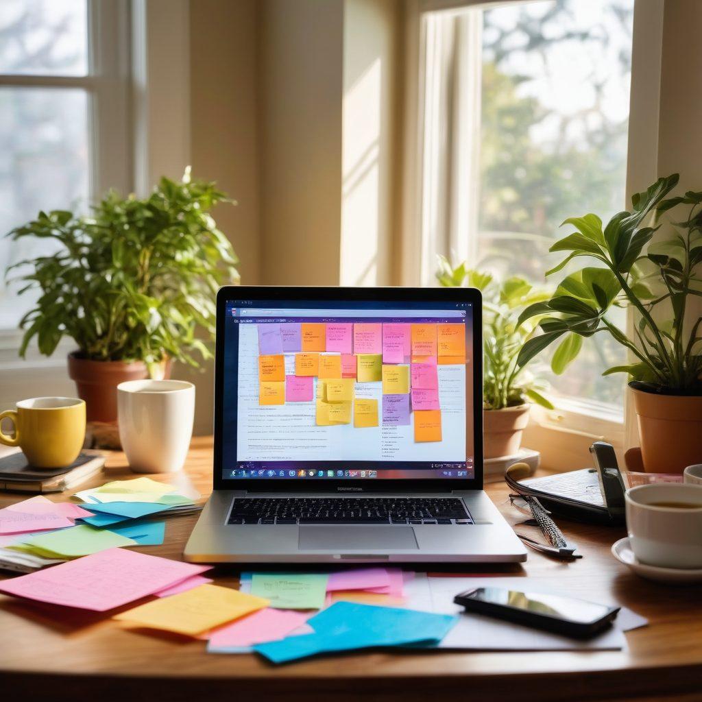 A cozy home office setup showcasing a laptop with a financial blog open, surrounded by colorful sticky notes with budgeting tips. A piggy bank, calculator, and a cup of coffee add a personal touch. Sunlight streams through a window highlighting a small indoor plant, representing growth. The scene evokes a sense of empowerment and smart money management. super-realistic. vibrant colors. warm lighting.
