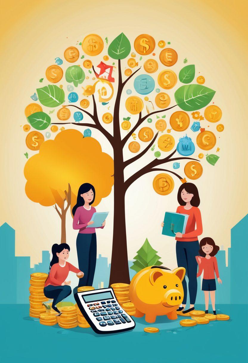 A creative illustration showing a happy family surrounded by various NCUA resources like calculators, piggy banks, and financial charts, emphasizing the concept of saving money. Include symbols of security and growth, such as a tree made of coins or a graph trending upwards. The background should feature a bright, inviting home setting, symbolizing financial stability. The overall tone should be optimistic and educational. vibrant colors. vector art.